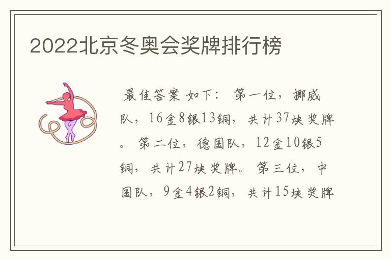 2022北京冬奥会奖牌排行榜