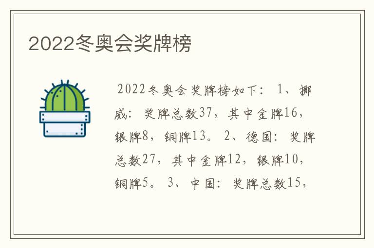2022冬奥会奖牌榜