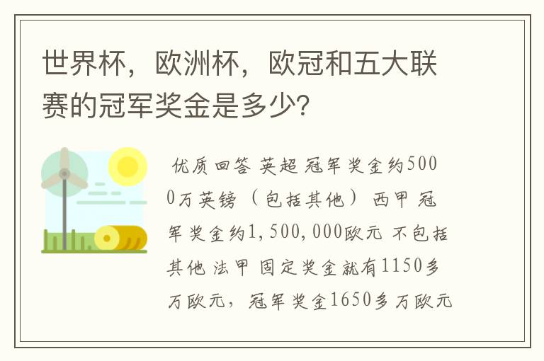 世界杯,欧洲杯,欧冠和五大联赛的冠军奖金是多少?