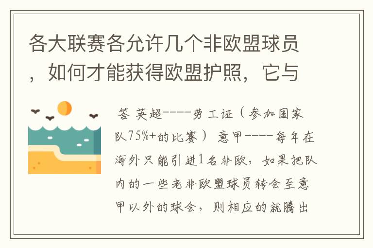 各大联赛各允许几个非欧盟球员,如何才能获得欧盟护照,它与劳工证有何不同