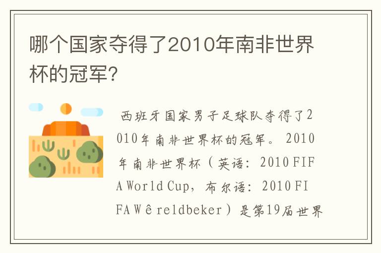 哪个国家夺得了2010年南非世界杯的冠军？