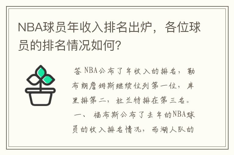 NBA球员年收入排名出炉,各位球员的排名情况如何?