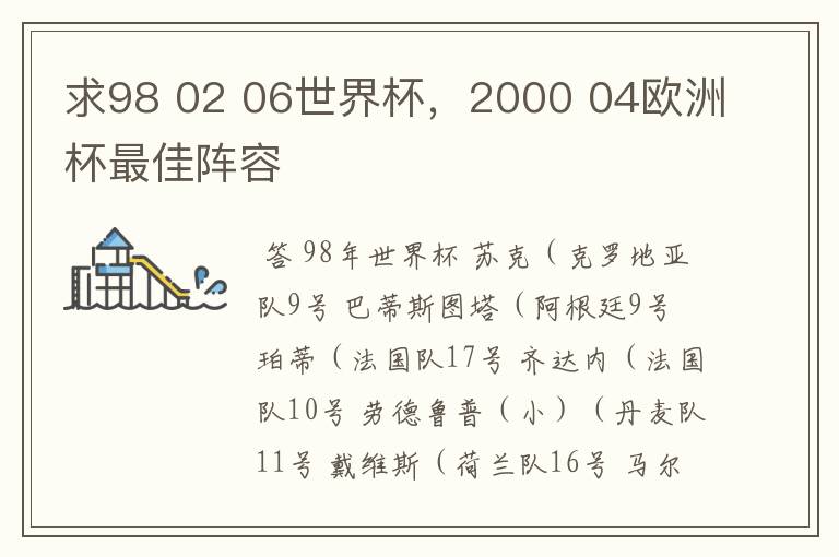 求98 02 06世界杯,2000 04欧洲杯最佳阵容