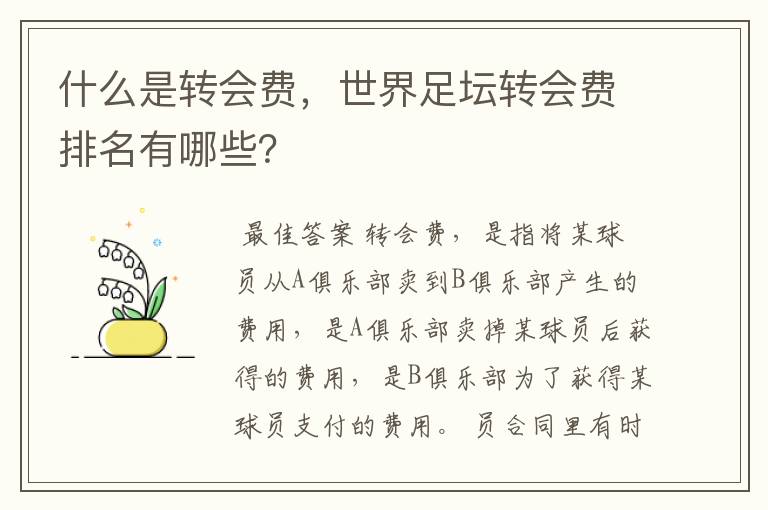 什么是转会费,世界足坛转会费排名有哪些?