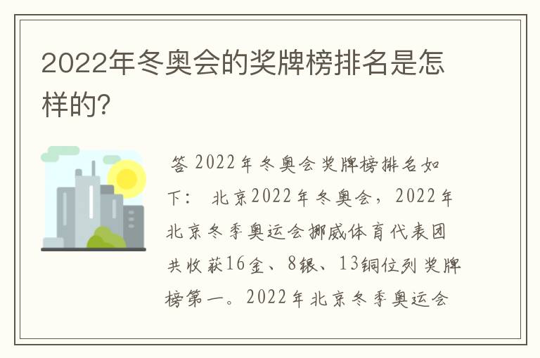 2022年冬奥会的奖牌榜排名是怎样的?