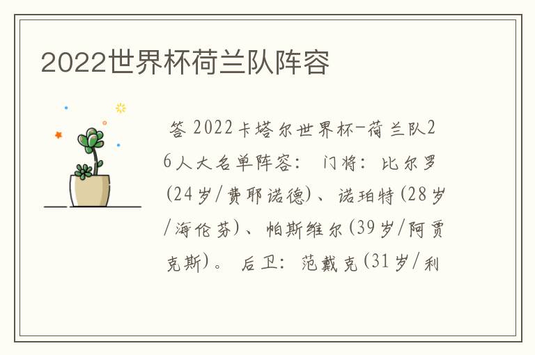 2022世界杯荷兰队阵容