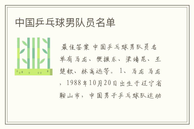 中国乒乓球男队员名单