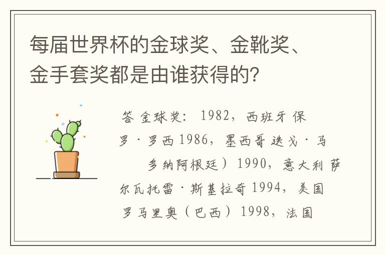 每届世界杯的金球奖、金靴奖、金手套奖都是由谁获得的?