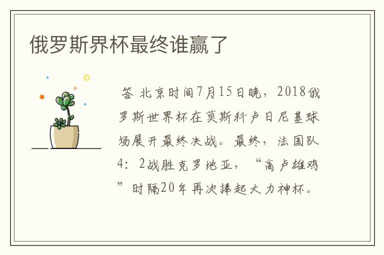 俄罗斯界杯最终谁赢了