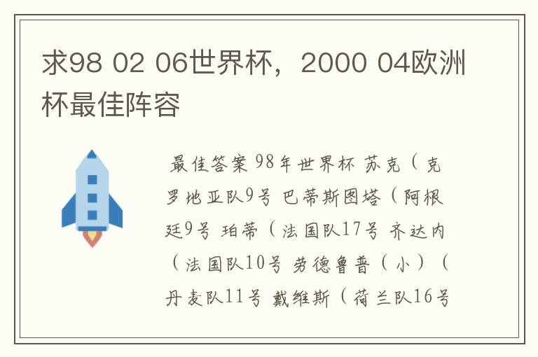 求98 02 06世界杯,2000 04欧洲杯最佳阵容