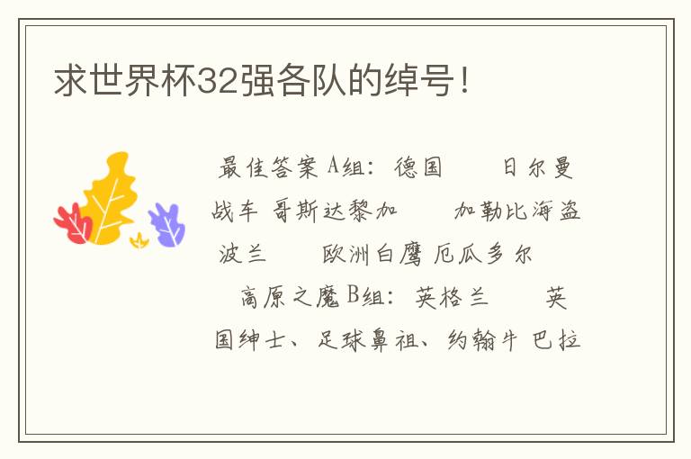 求世界杯32强各队的绰号!