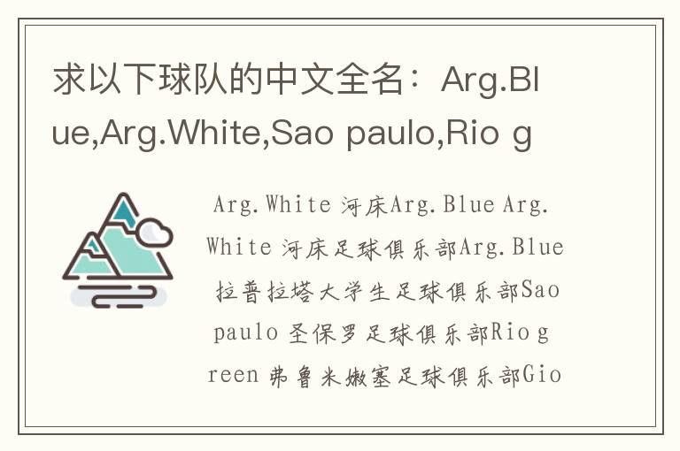 求以下球队的中文全名:Arg.Blue,Arg.White,Sao paulo,Rio green,Gio red,Urawa