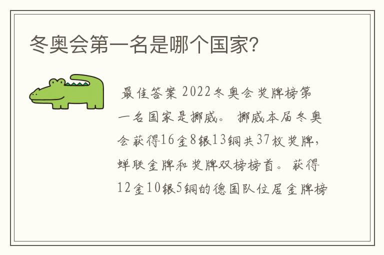 冬奥会第一名是哪个国家?