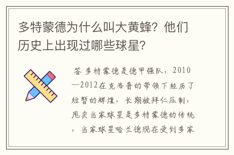 多特蒙德为什么叫大黄蜂?他们历史上出现过哪些球星?