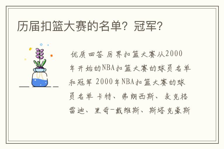 历届扣篮大赛的名单?冠军?