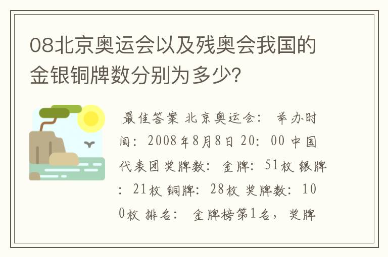 08北京奥运会以及残奥会我国的金银铜牌数分别为多少?
