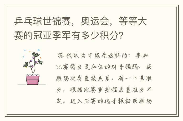 乒乓球世锦赛,奥运会,等等大赛的冠亚季军有多少积分?