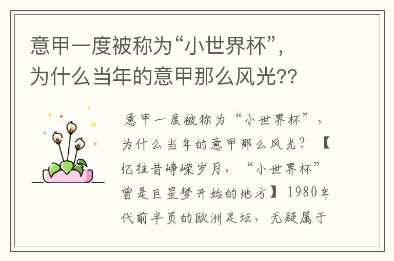 意甲一度被称为“小世界杯”,为什么当年的意甲那么风光??