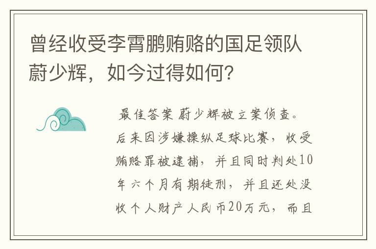 曾经收受李霄鹏贿赂的国足领队蔚少辉,如今过得如何?