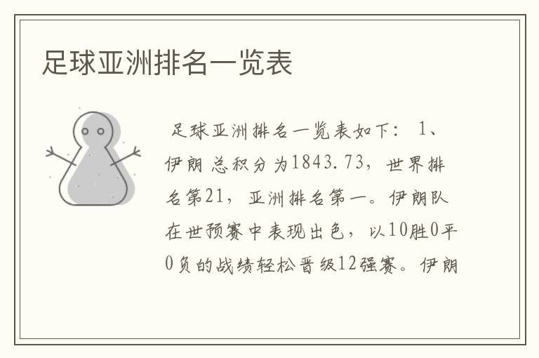 足球亚洲排名一览表