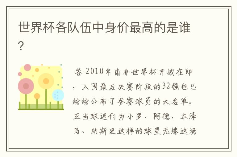 世界杯各队伍中身价最高的是谁?