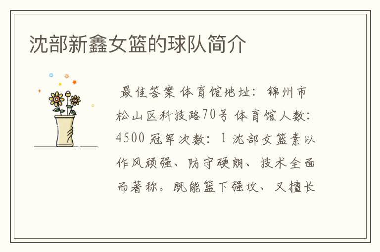 沈部新鑫女篮的球队简介