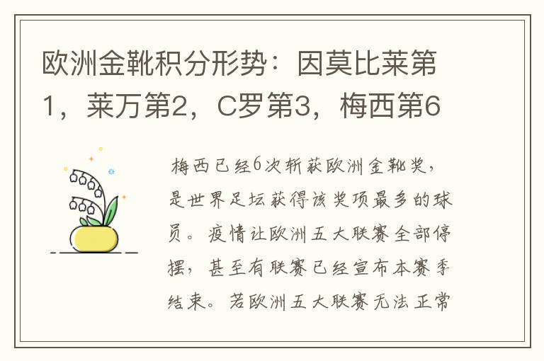 欧洲金靴积分形势：因莫比莱第1，莱万第2，C罗第3，梅西第6