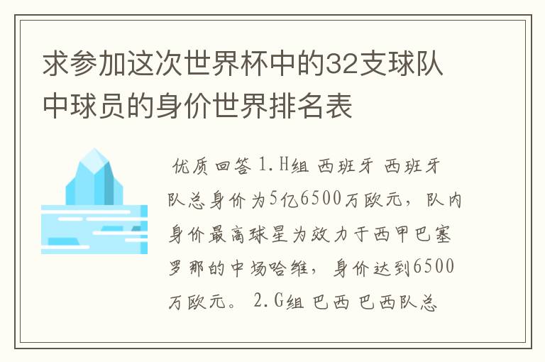 求参加这次世界杯中的32支球队中球员的身价世界排名表