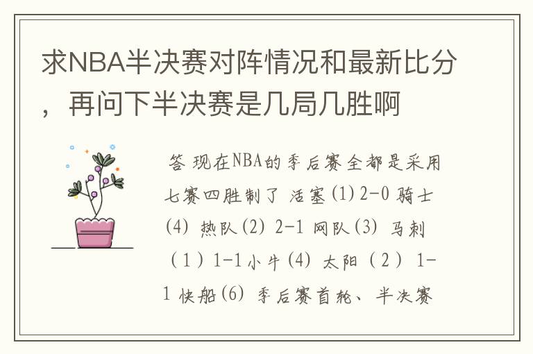 求NBA半决赛对阵情况和最新比分,再问下半决赛是几局几胜啊