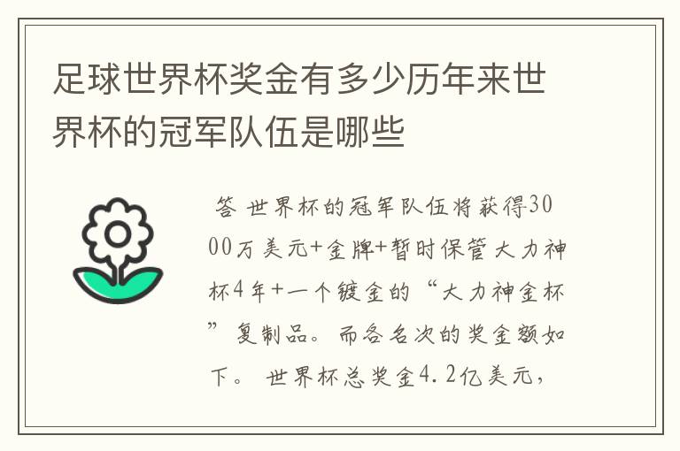 足球世界杯奖金有多少历年来世界杯的冠军队伍是哪些