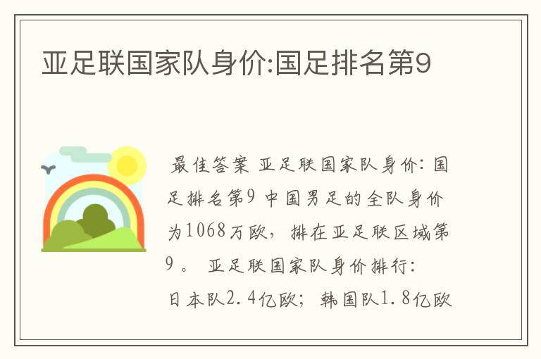 亚足联国家队身价:国足排名第9