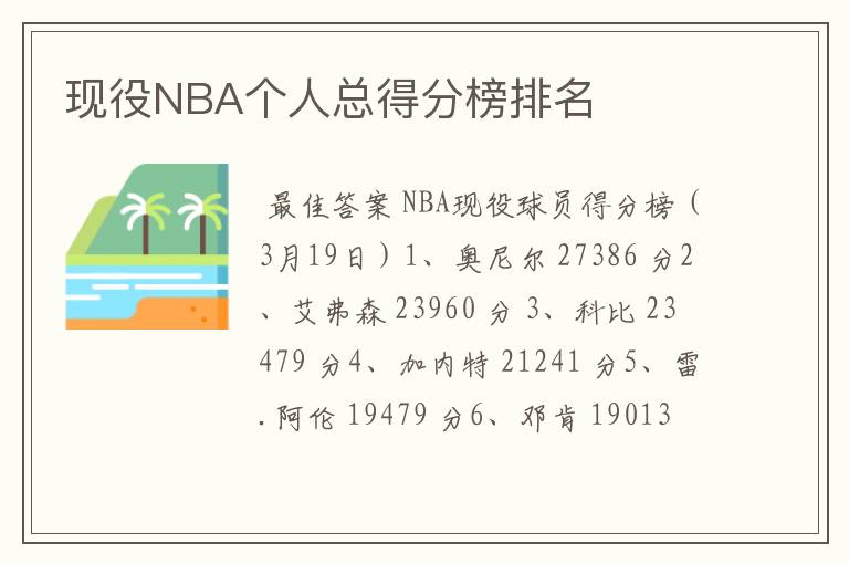 现役NBA个人总得分榜排名