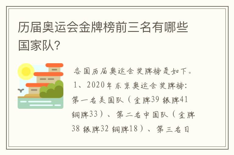 历届奥运会金牌榜前三名有哪些国家队?