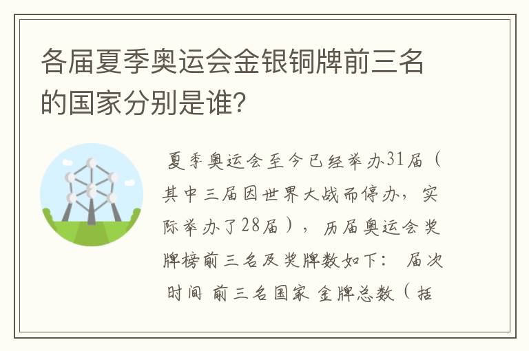 各届夏季奥运会金银铜牌前三名的国家分别是谁?