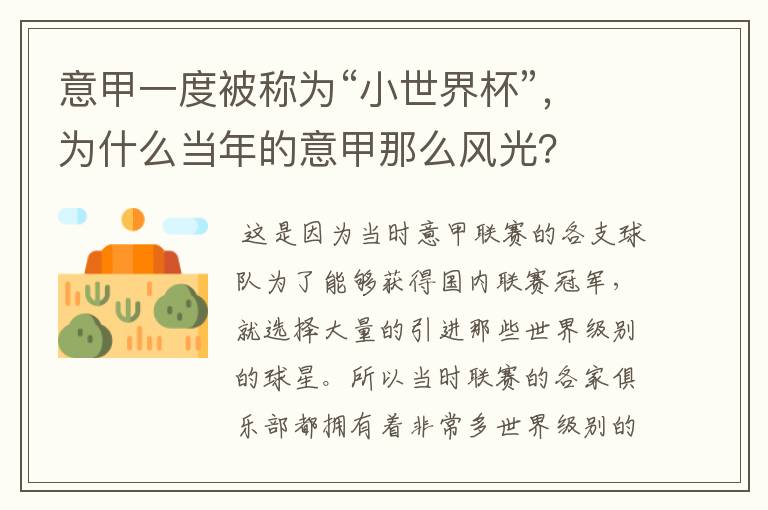 意甲一度被称为“小世界杯”,为什么当年的意甲那么风光?
