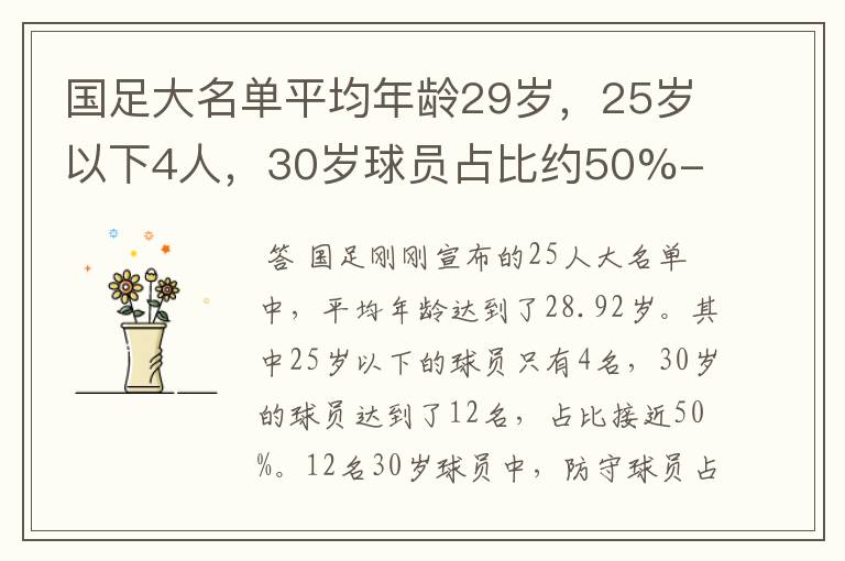 国足大名单平均年龄29岁,25岁以下4人,30岁球员占比约50%-