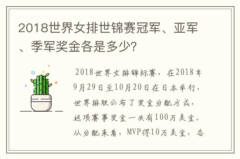 2018世界女排世锦赛冠军、亚军、季军奖金各是多少?