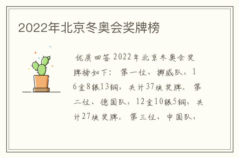 2022年北京冬奥会奖牌榜