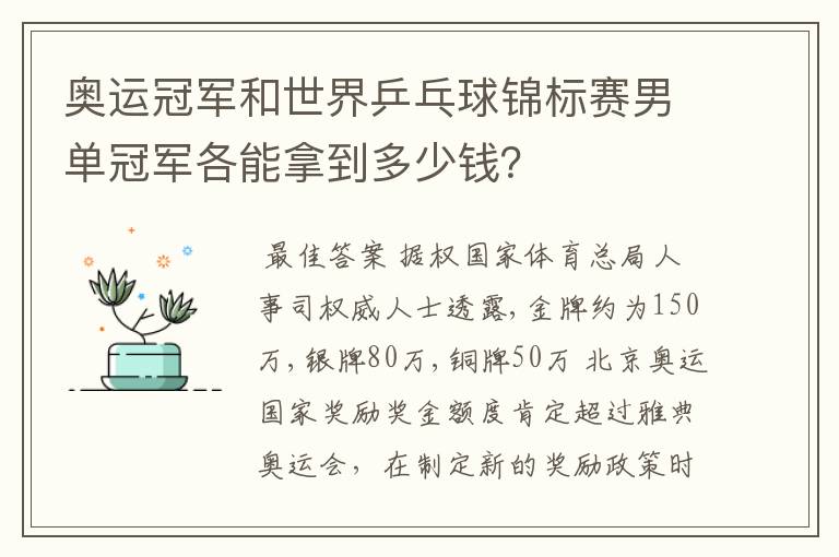 奥运冠军和世界乒乓球锦标赛男单冠军各能拿到多少钱?
