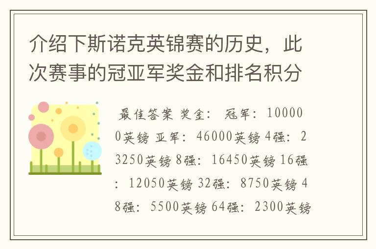 介绍下斯诺克英锦赛的历史,此次赛事的冠亚军奖金和排名积分各是多少?