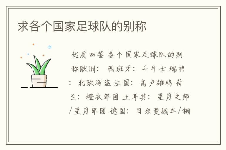 求各个国家足球队的别称