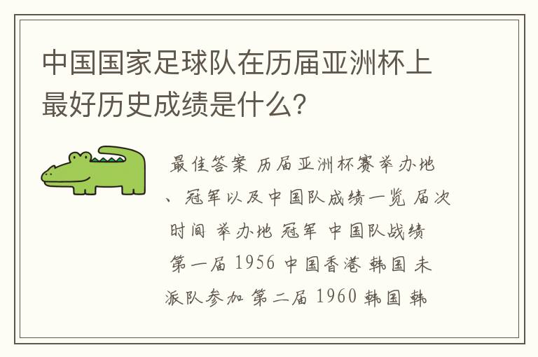 中国国家足球队在历届亚洲杯上最好历史成绩是什么?