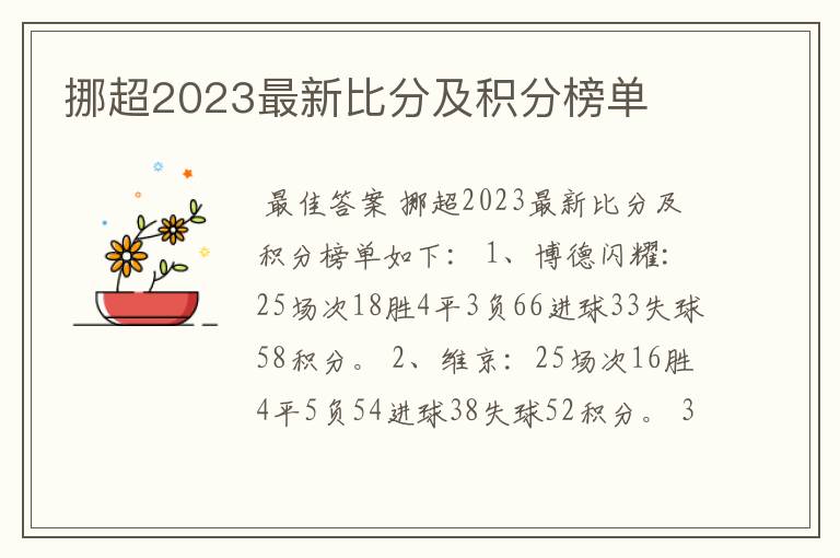 挪超2023最新比分及积分榜单