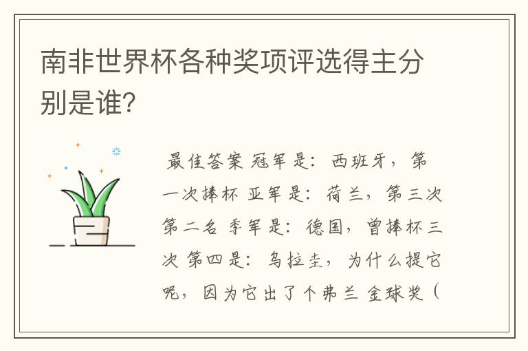 南非世界杯各种奖项评选得主分别是谁?