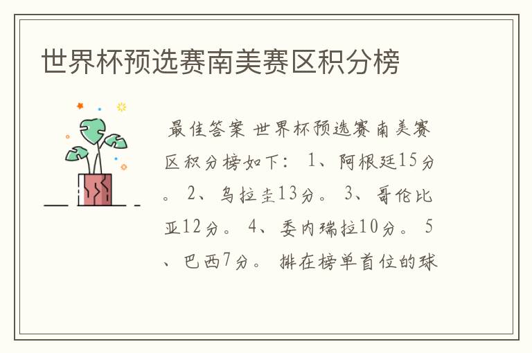世界杯预选赛南美赛区积分榜