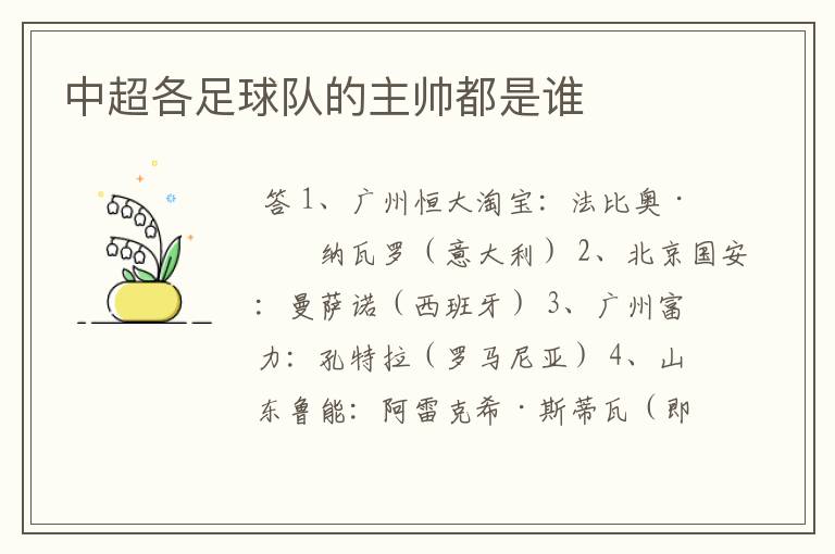 中超各足球队的主帅都是谁