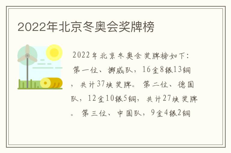 2022年北京冬奥会奖牌榜