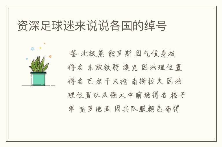资深足球迷来说说各国的绰号