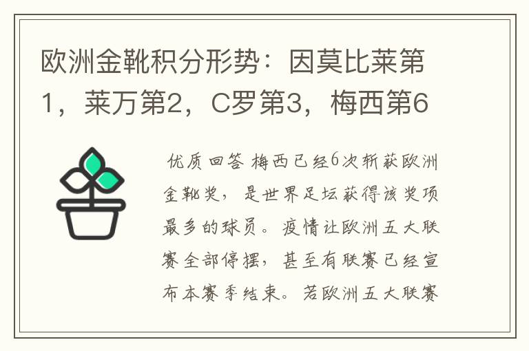 欧洲金靴积分形势:因莫比莱第1,莱万第2,C罗第3,梅西第6