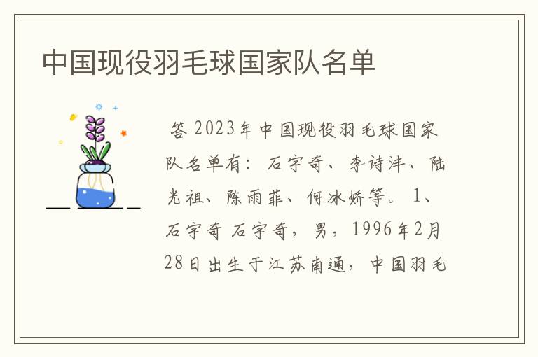 中国现役羽毛球国家队名单